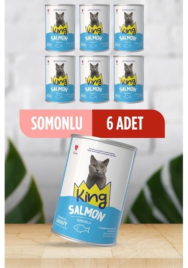 King Sos İçerisinde Et Parçacıklı Somonlu Kedi Konservesi 400 Gr 6 Adet