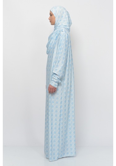 Pratik Tek Parça Güneş Desenli Kollu Tak Çıkar Başörtülü Likralı Tesettür Namaz Elbisesi 990-0302 Mavi Antrasit