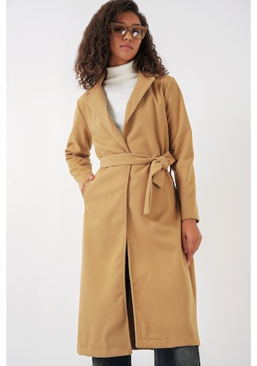 9118 Kruvaze Yaka Kaşe Kaban - Hardal Hardal