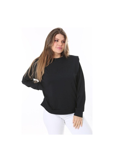 Kadın Büyük Beden Siyah Omuz Detaylı Ön Baskılı Sweatshirt 65n38050-siyah Siyah