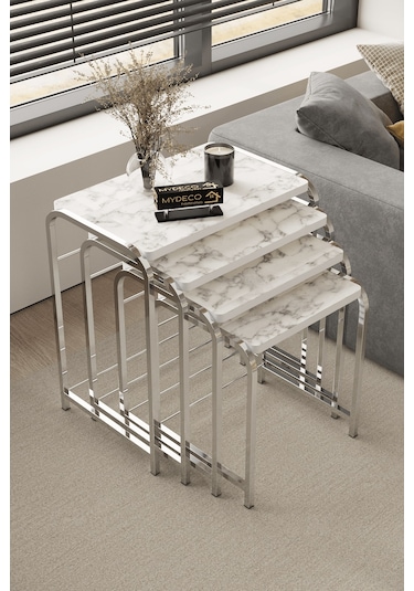 Defne 4' Lü Zigon Sehpa Gümüş Ayak Beyaz Mermer Desen 18 Mm Mdf Gümüş - Beyaz Mermer