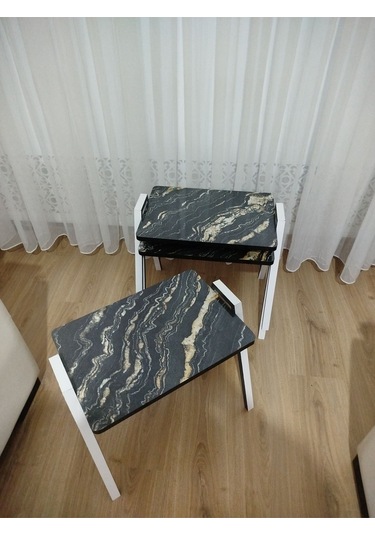 Zigon Sehpa 3'lü Mermer Desenli Tepsi Model Siyah-sarı Mermer Anrasit Ayak Siyah Sarı Mermer