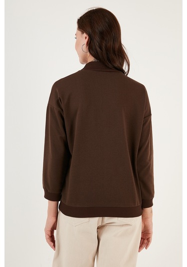 Lela Pamuklu Dik Yaka Basic Örme Bayan Sweat 5863323 Kahve