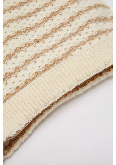 DeFacto Kız Bebek Bisiklet Yaka Çizgili Triko Kazak C8273A524WNER105 Ekru