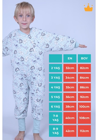 2.5 Tog 2-9 Yaş Premium Kalite Kalın Elyaf Dolgulu Uzun Kollu Kız Erkek Çocuk Uyku Tulumu Yeşil