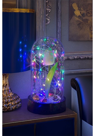 Anneler Gününe Özel Beyaz Lale Rgb Peri Ledli Fanus Lamba Usb'li Yapay Çiçek Dekoratif Hediyelik