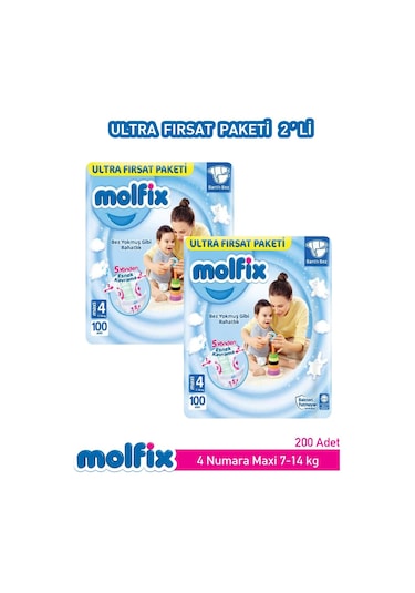 Molfix Bebek Bezi Ultra Fırsat Paketi Maxi 4 Numara 2 x 100 Adet 2'li