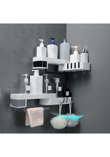 Hombey Duvar Monteli Dönerli 2 Katlı Depolama Rafı - Banyo/mutfak İçin Deliksiz Kurulum, Su Tüpü Ve Gizli Kanca Özellikli Plastik Organizer Beyaz - Siyah