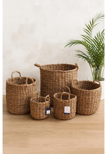 5'li Hasır El Örmesi Sepet 5 Adet Organizer Düzenleyici Çok Amaçlı Sepet Natural