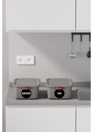 2 Li Bakliyat Erzak Saklama Kabı Un Şeker Saklama Kutusu Kapaklı Kulplu Plastik Saklama Kabı Gri