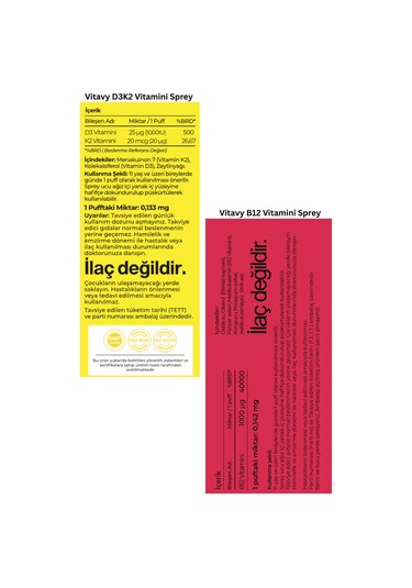 Vitavy D3k2 Vitamini Sprey 20 ML140 Puff + B12 Vitamini Sprey 10 ML