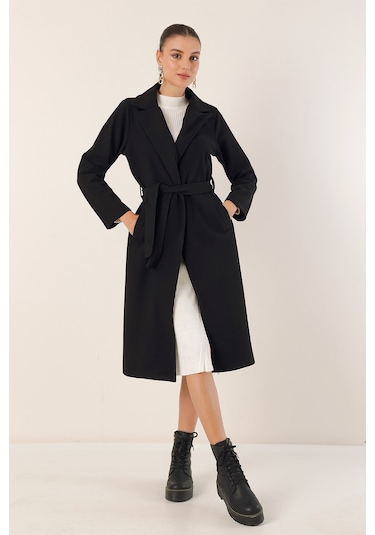 Bigdart9118 Kruvaze Yaka Kaşe Kaban - Siyah 001