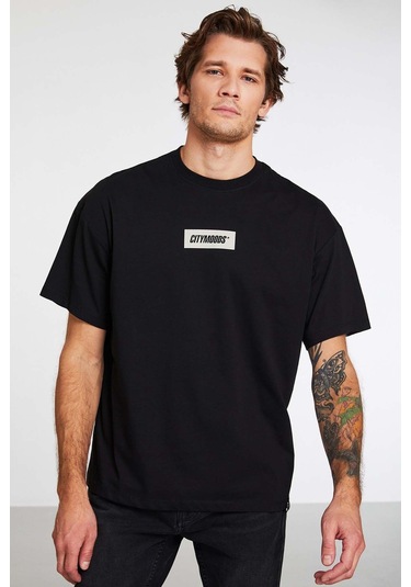 GRIMELANGE Inventıon Erkek %100 Organik Pamuklu Kalın Dokulu Baskı Detaylı Oversize Siyah T-shirt Siyah