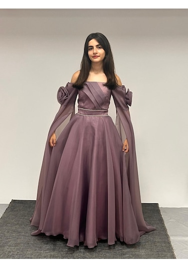 Kız Çocuk Abiye Lila Uzun Askılı Kolları Çıkabilen Pelerinli Şifon Abiye Elbise 10-15 Yaş Lila