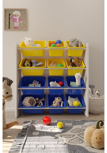 12 Sepetli Çok Amaçlı Oyuncak Dolabı Montessori Dolap Sarı-mavi Sarı-Mavi