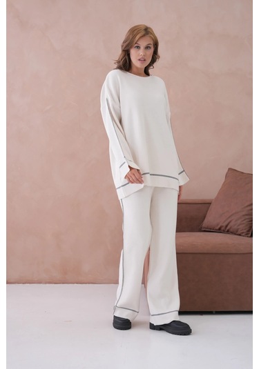 Kadın Geniş Yaka Kazak Pantolon İkili Triko Takım Taş