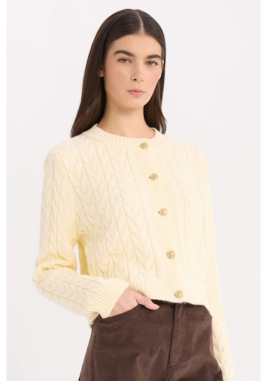 DeFacto Regular Fit Bisiklet Yaka Saç Örgülü Düğmeli Triko Hırka C9044AX24WNER109 Ekru