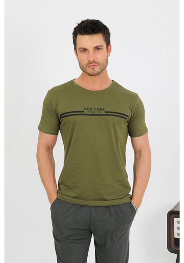 Akbeniz Erkek Pamuk Kısa Kol Pijama Takım Haki 6875 Haki