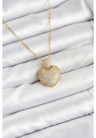316l Çelik Zincir Gold Renk Zirkon Taşlı Kalpli Kadın Kolye - Prt3500eb09330-95252 altın