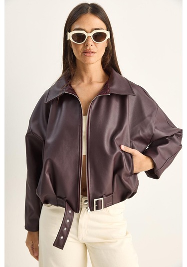 Oversize Tokalı Deri Ceket 3137 60284058 - Bordo