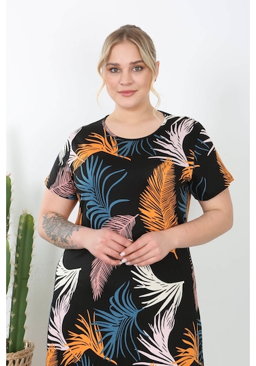 Kadın Turuncu Mavi Tüy Desen Midi Elbise Turuncu