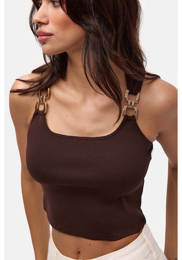 Kadın Kahve S6-81 Aksesuar Detaylı Crop Bluz