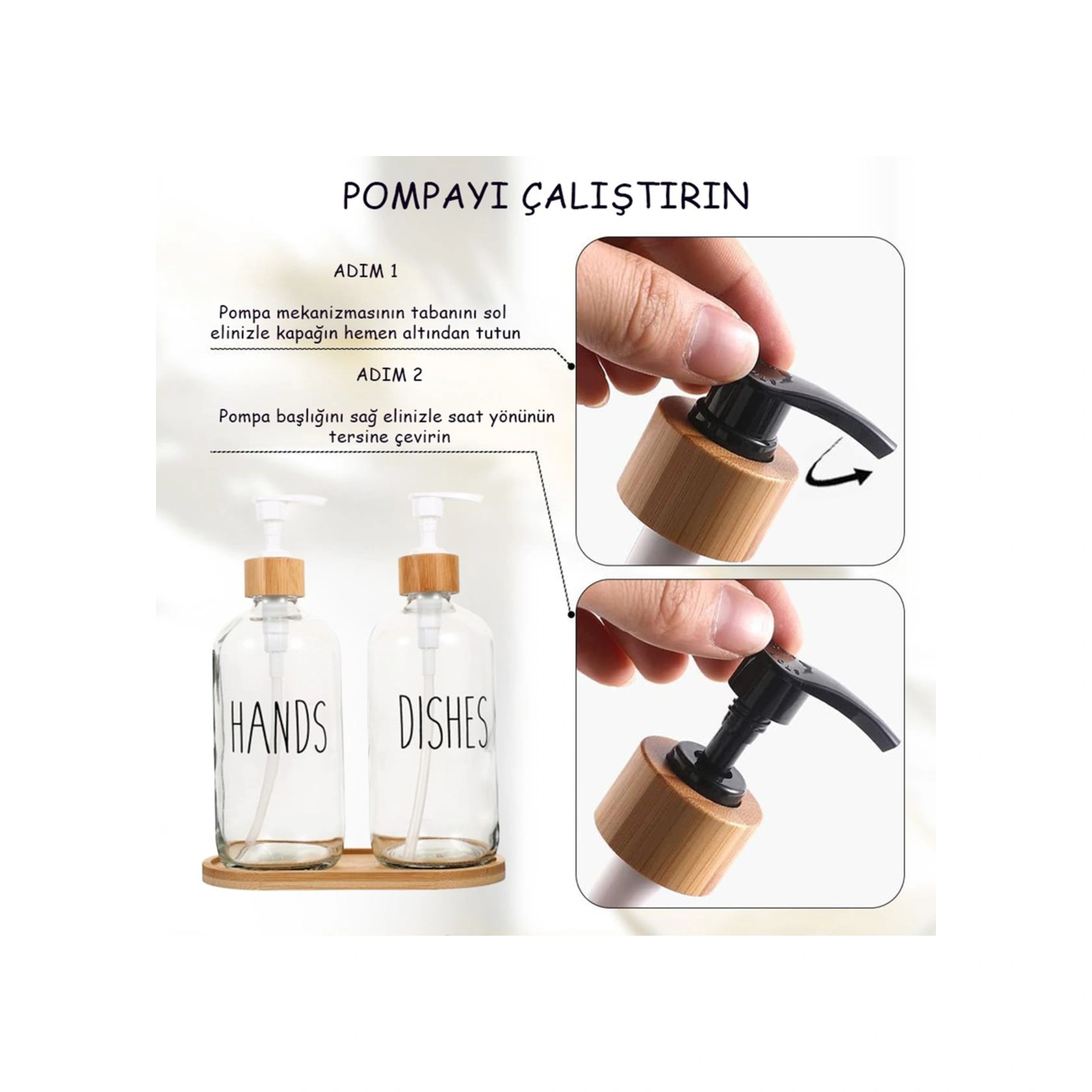 2 Li Mutfak Sıvı Sabunluk Seti Hands&dishes Bambu Tepsili Şeffaf