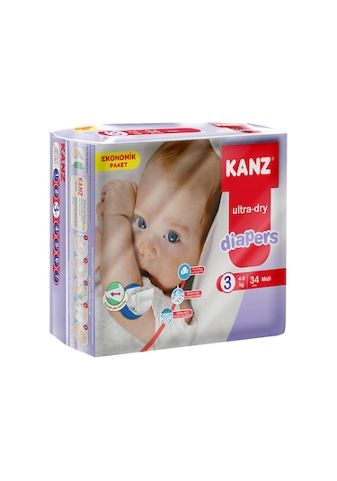 Kanz Ultra-Dry Diapers Bebek Bezi 3 Numara Midi Ekonomik Paket 34 Adet