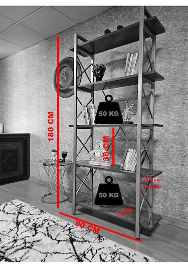 Çıkıntılı Gold Boyalı Kitaplık - 5 Raflı Suntalem Lüks Kitaplık S Çok Renkli