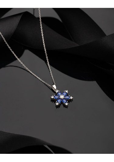 925 Ayar Safir Taşlı Rodyum Lotus Çiçeği Gümüş Kolye Rn10305 Gümüş