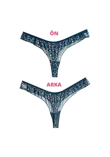 Tenan Yeşili Çiçek Desenli Tül Kenarları Fırfırlı Tanga Külot T.Yeşili