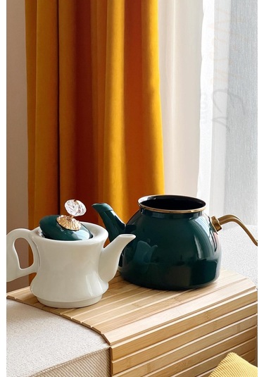 Nishev Dufy Serisi Porselen Demlikli Emaye Çaydanlık Takımı - Yeşil