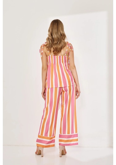Lolipop Pastel Çizgili Beli Bol Salaş Askılı Rengarenk Yazlık Tatil Pantolon Bluz Takım Pembe