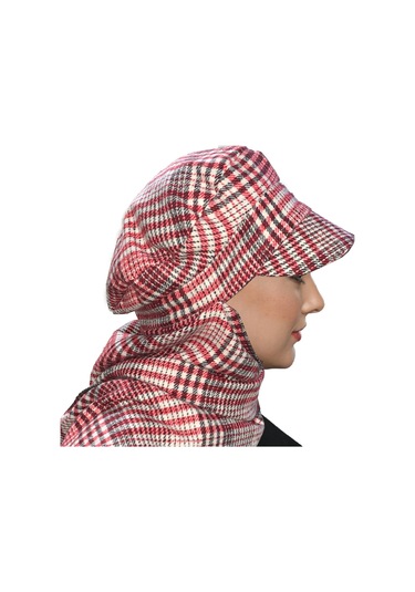 Yün Kasket Şapka Atkılı Ekose Desenli Bordo-krem Hazır Türban Tesettür Bone Bere Bordo - Krem