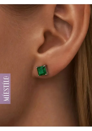 Miestilo 925 Ayar Gümüş Kadın Kare Model Küpe Çubuklu 185638956 Yeşil