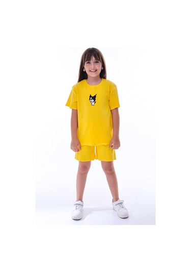 Ribana Beybi Overlok Detaylı Kuromi Nakışlı Alt-üst Takım Sarı