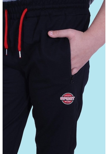 Fermuar Cep Detaylı, Yazı Baskılı Erkek Çocuk Eşofman Altı Siyah