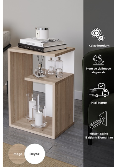 Simav Yan Sehpa Servis Sehpası Zigon Sehpa Koltuk Sehpası Beyaz - Meşe