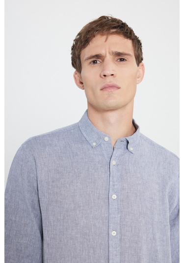 Erkek Grı Comfort Fit Rahat Kesim Düğmeli Yaka Keten Gömlek Gri