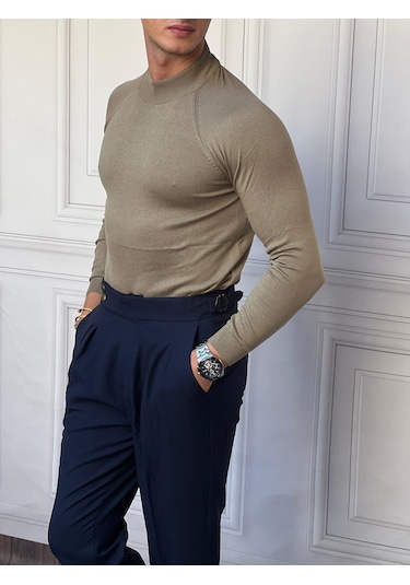 Modefendi Slimfit Kalıp Pamuklu Triko Yarım Balıkçı Triko Kazak Vizon