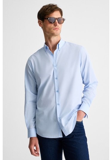 Rısto Erkek Düğmeli Yıkama Sonrası Ütü Ihtiyacını En Aza Indiren Kumaş Manşetli Mavi Gömlek