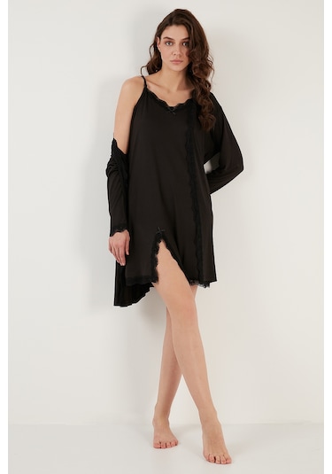 Lela Dantel Detaylı Yırtmaçlı Sabahlıklı Bayan Gecelik 6097580 Siyah