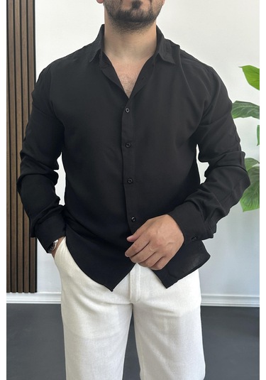 Erkek Viskon Kumaş Uzun Kollu Gömlek Siyah Edw391 Siyah