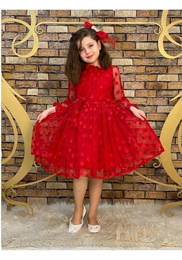 Fiyonk Detaylı Puantiyeli Kurdelalı Tül Elbise - Tül Abiye - Mezu