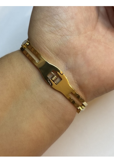 Kadın Beyaz Yonca Ve Taş Model Çelik Bilezik Gold