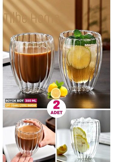 2'li Çift Cidarlı Burgulu Kristal Cam Bardağı Çay Süt Kahve Kupası Sıcak & Soğuk İçecek Bardak Seti