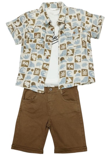 Erkek Çocuk Karo Desen Müslin Gömlek Şortlu Kahverengi Üçlü Takım