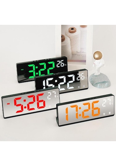Yeşil Ses Kontrolü İle Dijital Ayna Çalar Saat Sıcaklık, Çift Alarm Erteleme Masaüstü Masa Saati Gece Modu 12/24 H Led Saat