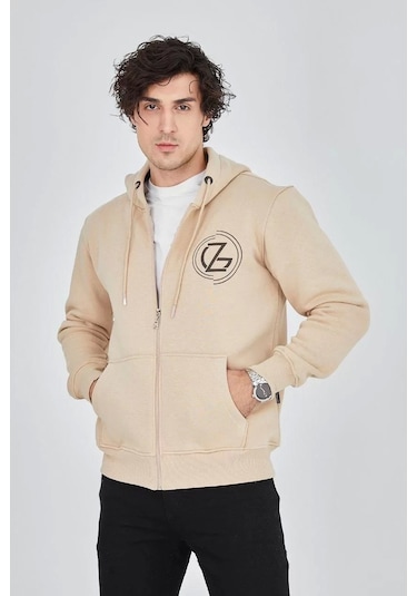 Erkek Kapüşonlu Baskılı Fermuarlı Hırka - Bej Bej