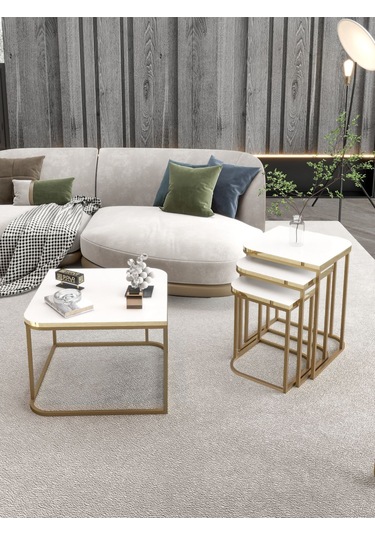 Orta Sehpa Ve Zigon Sehpa Damla Gold Beyaz Beyaz